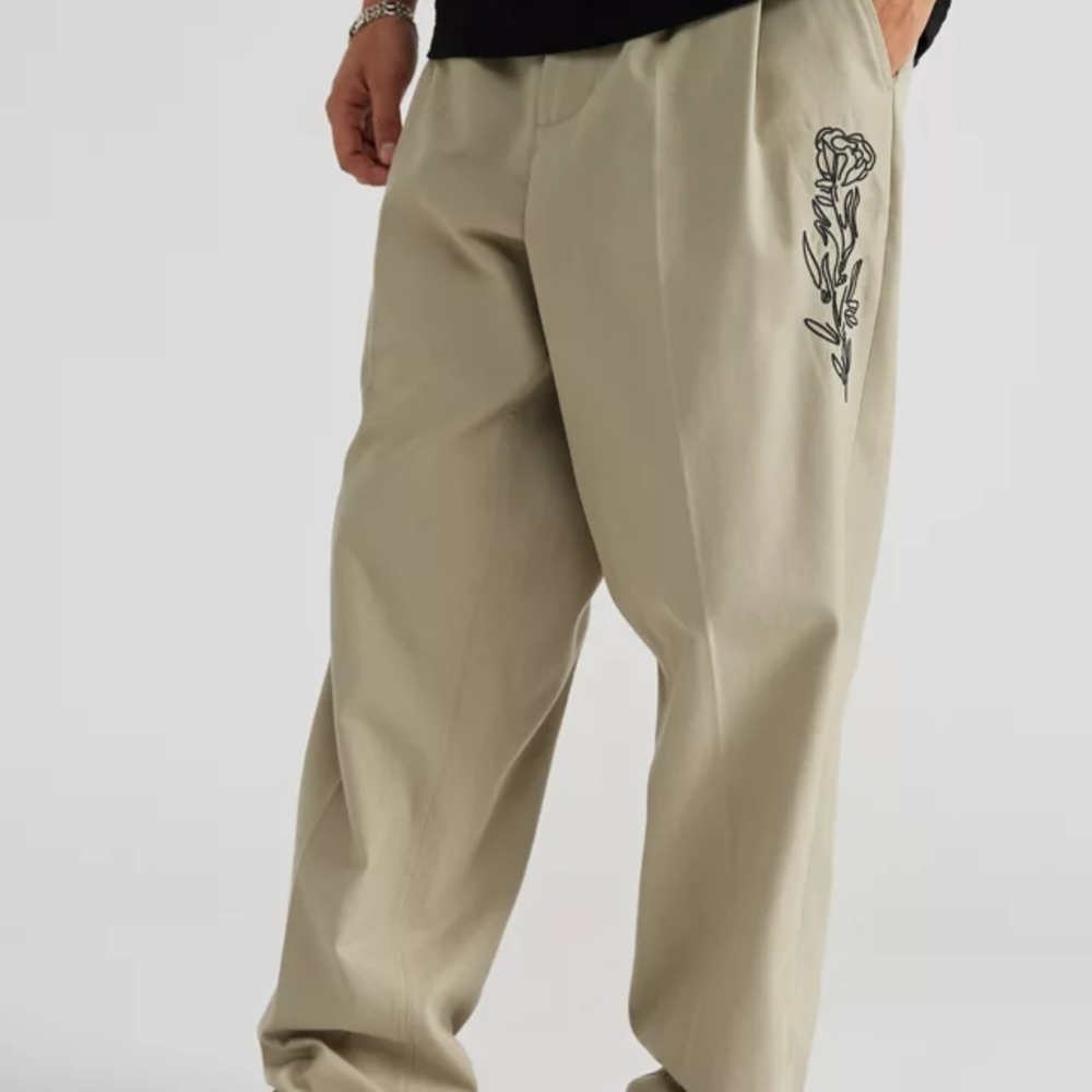 Obey Fubar Embroidered Baggy JBeige Chinos with Floral Accent